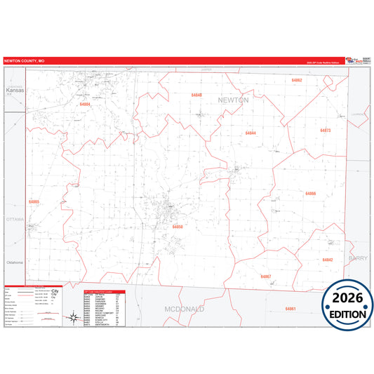 Newton County, MO Red Line 5 Digit ZIP Code Wall Map