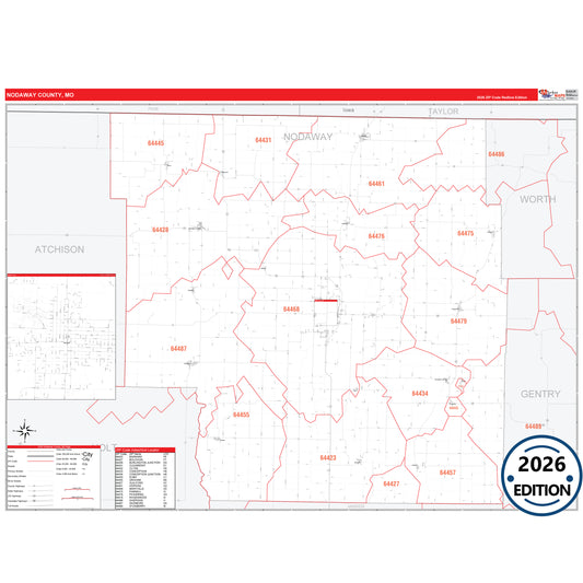 Nodaway County, MO Red Line 5 Digit ZIP Code Wall Map