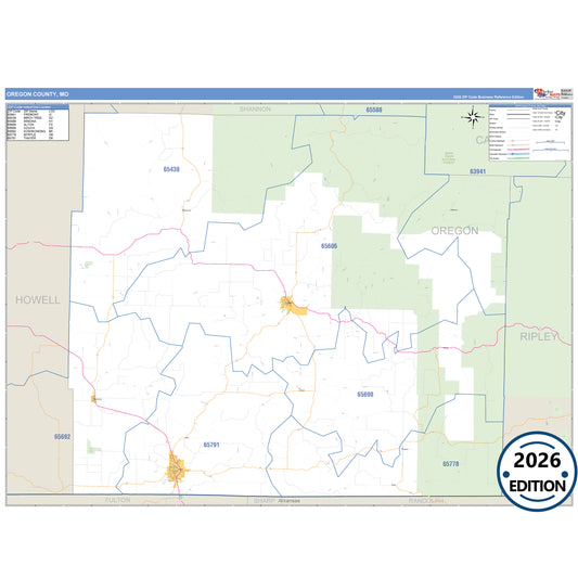 Oregon County, MO Business Reference 5 Digit ZIP Code Wall Map