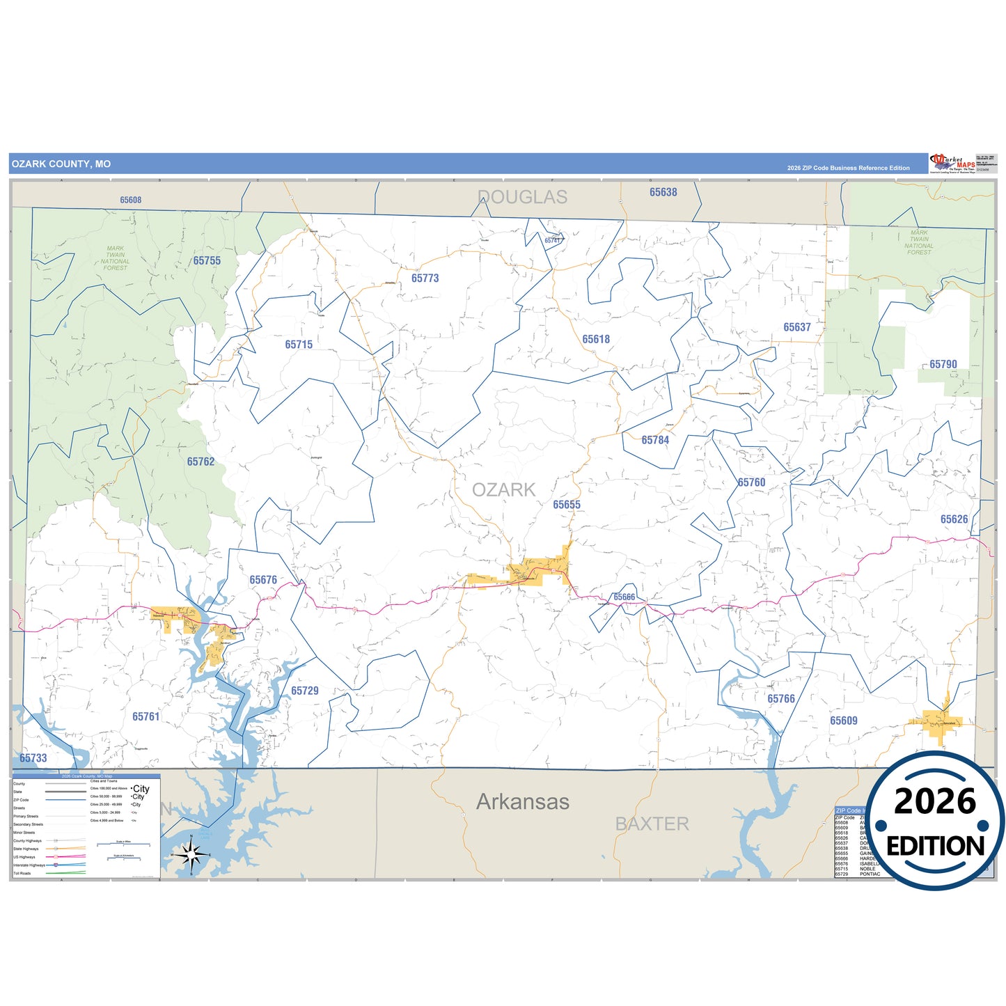 Ozark County, MO Business Reference 5 Digit ZIP Code Wall Map