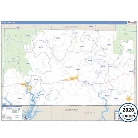Ozark County, MO Business Reference 5 Digit ZIP Code Wall Map