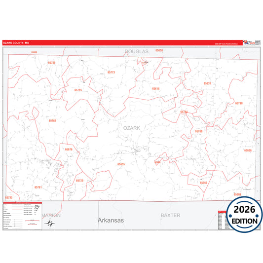Ozark County, MO Red Line 5 Digit ZIP Code Wall Map