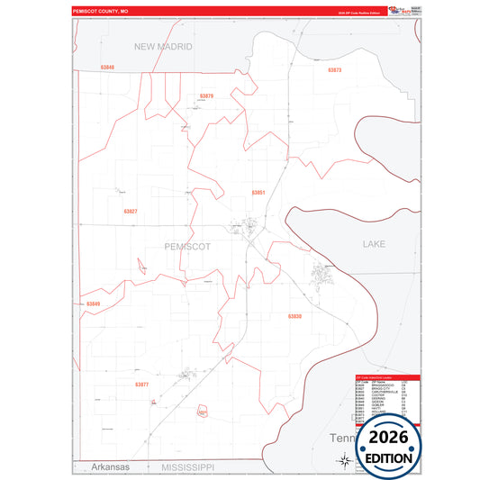 Pemiscot County, MO Red Line 5 Digit ZIP Code Wall Map