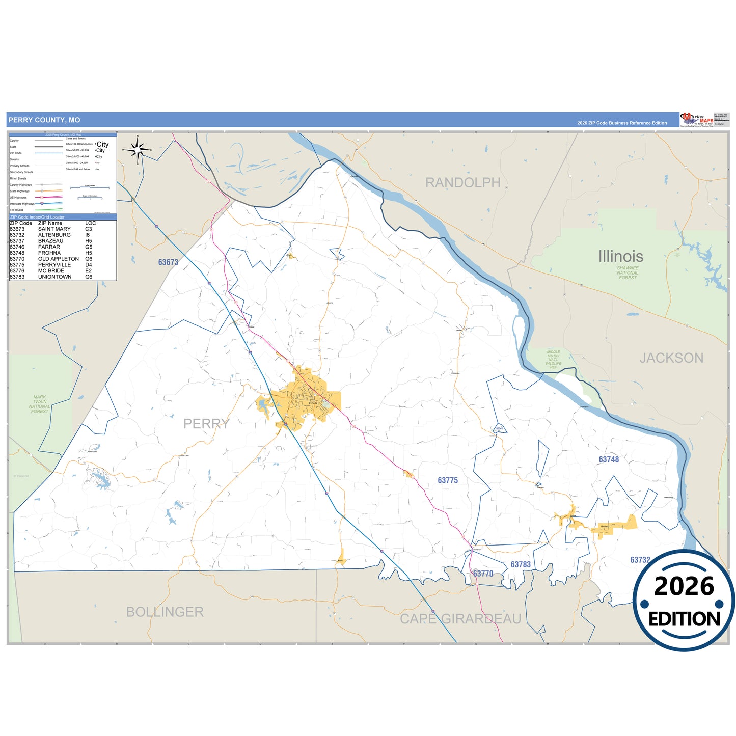 Perry County, MO Business Reference 5 Digit ZIP Code Wall Map