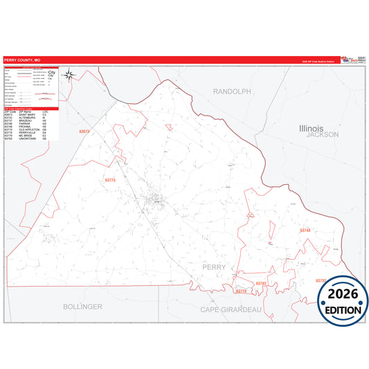Perry County, MO Red Line 5 Digit ZIP Code Wall Map