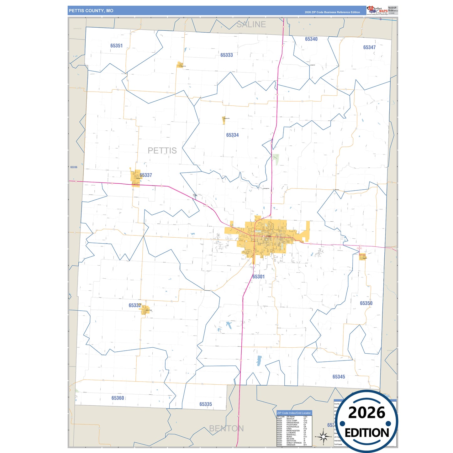 Pettis County, MO Business Reference 5 Digit ZIP Code Wall Map