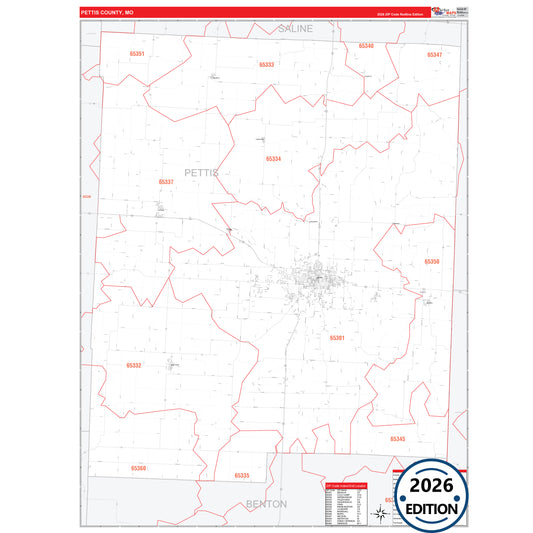 Pettis County, MO Red Line 5 Digit ZIP Code Wall Map