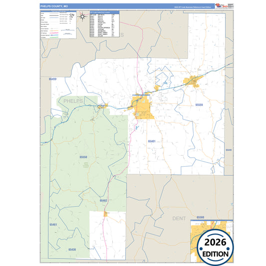Phelps County, MO Business Reference 5 Digit ZIP Code Wall Map