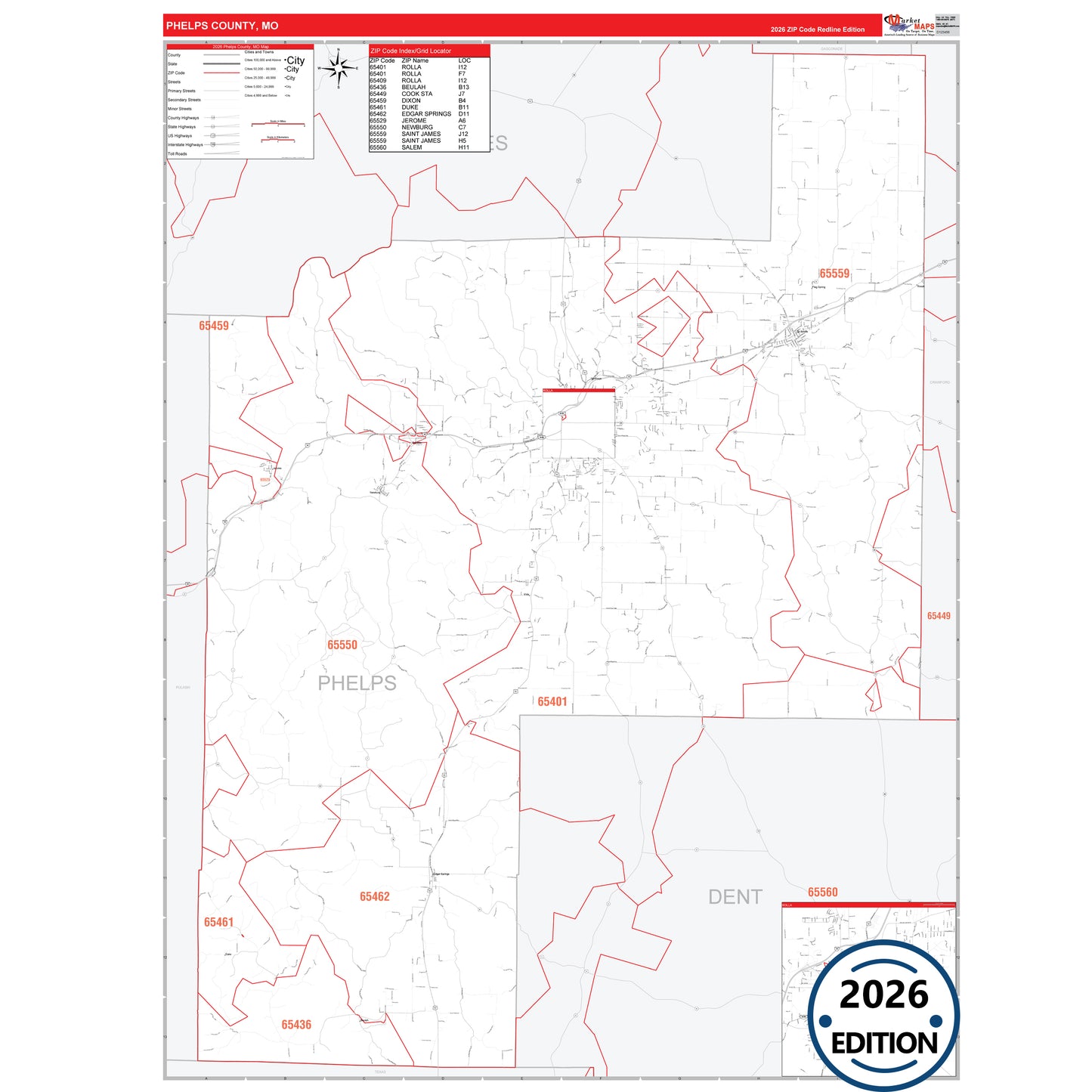 Phelps County, MO Red Line 5 Digit ZIP Code Wall Map