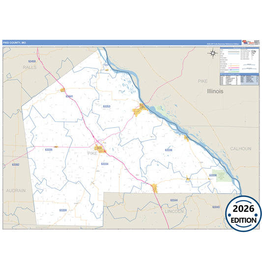 Pike County, MO Business Reference 5 Digit ZIP Code Wall Map