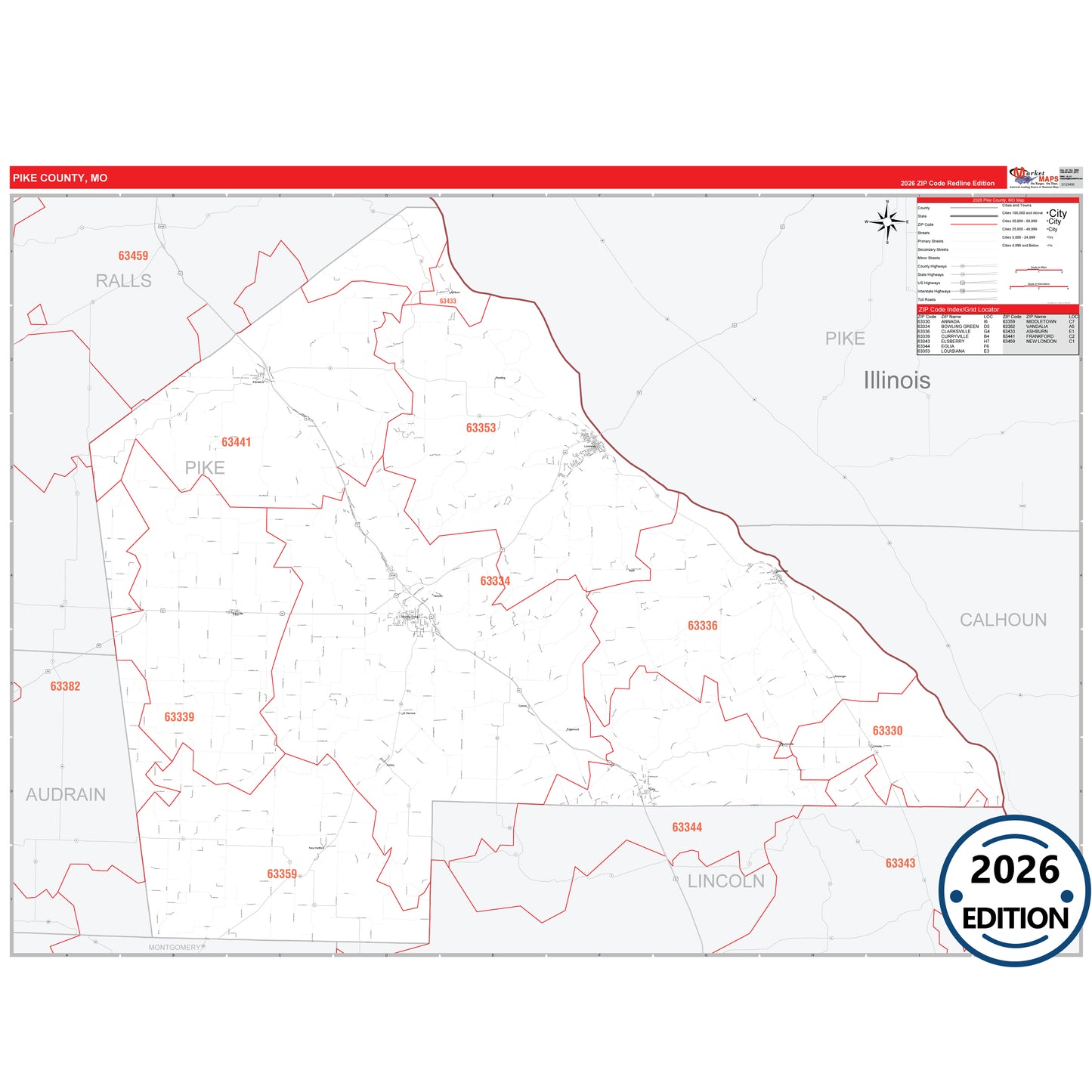 Pike County, MO Red Line 5 Digit ZIP Code Wall Map
