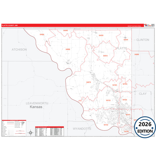 Platte County, MO Red Line 5 Digit ZIP Code Wall Map