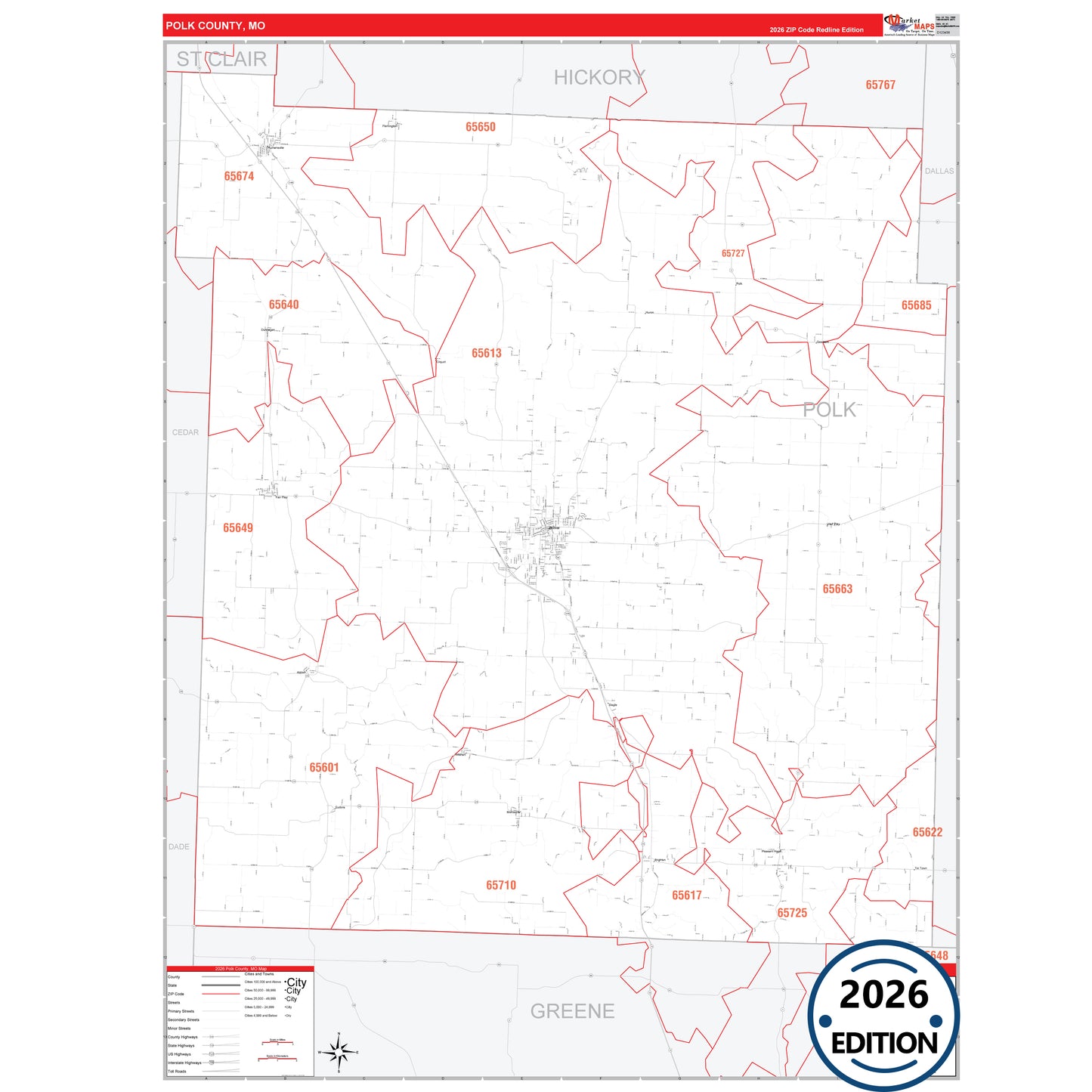 Polk County, MO Red Line 5 Digit ZIP Code Wall Map