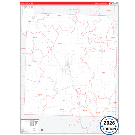 Polk County, MO Red Line 5 Digit ZIP Code Wall Map