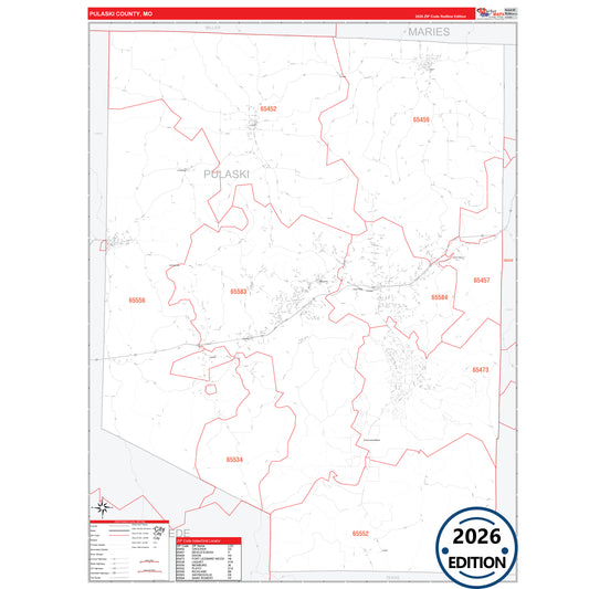 Pulaski County, MO Red Line 5 Digit ZIP Code Wall Map