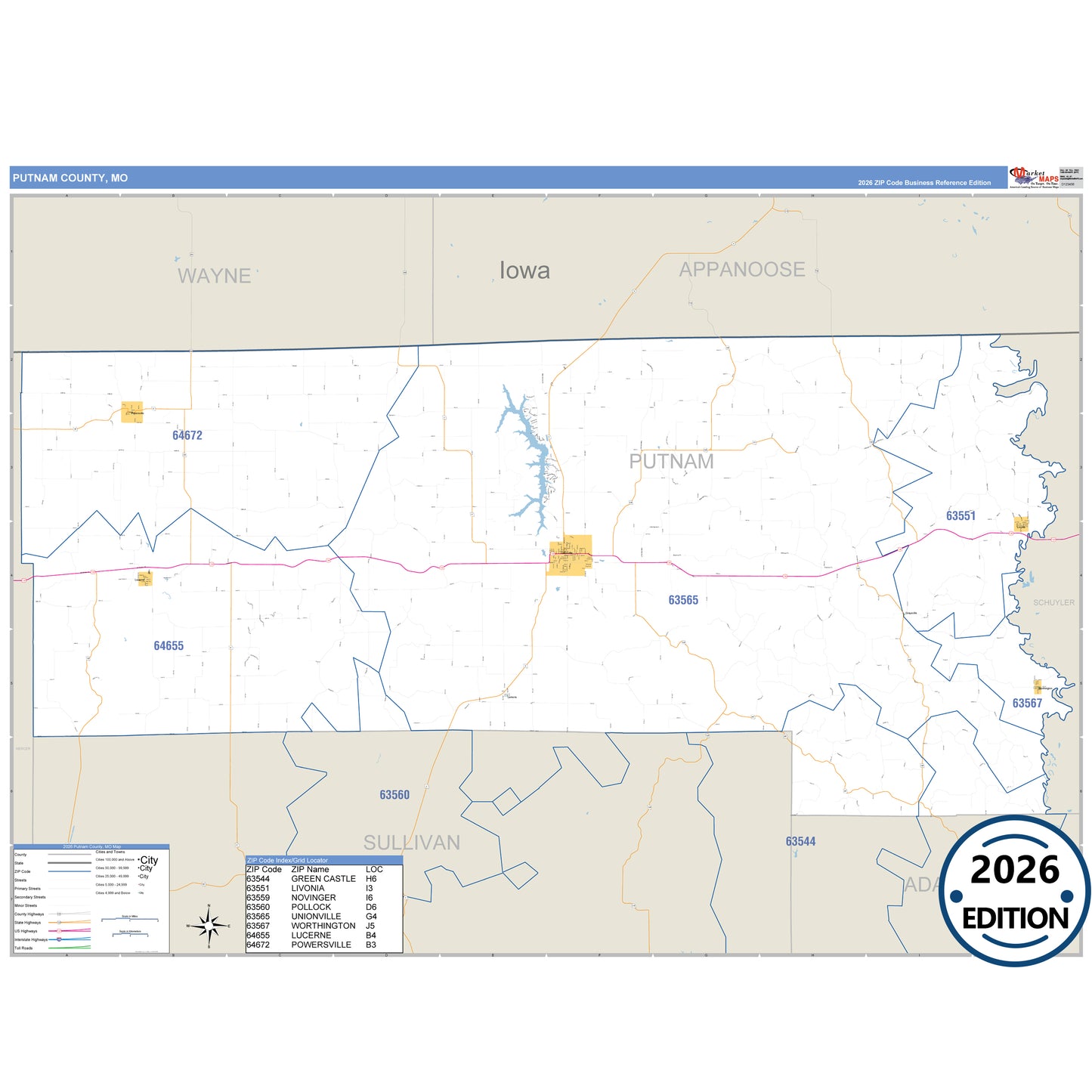 Putnam County, MO Business Reference 5 Digit ZIP Code Wall Map