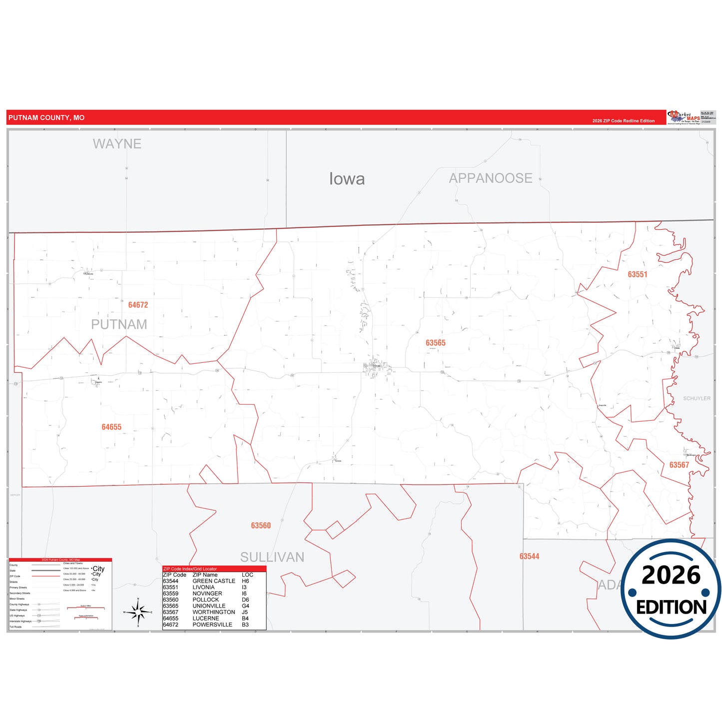 Putnam County, MO Red Line 5 Digit ZIP Code Wall Map