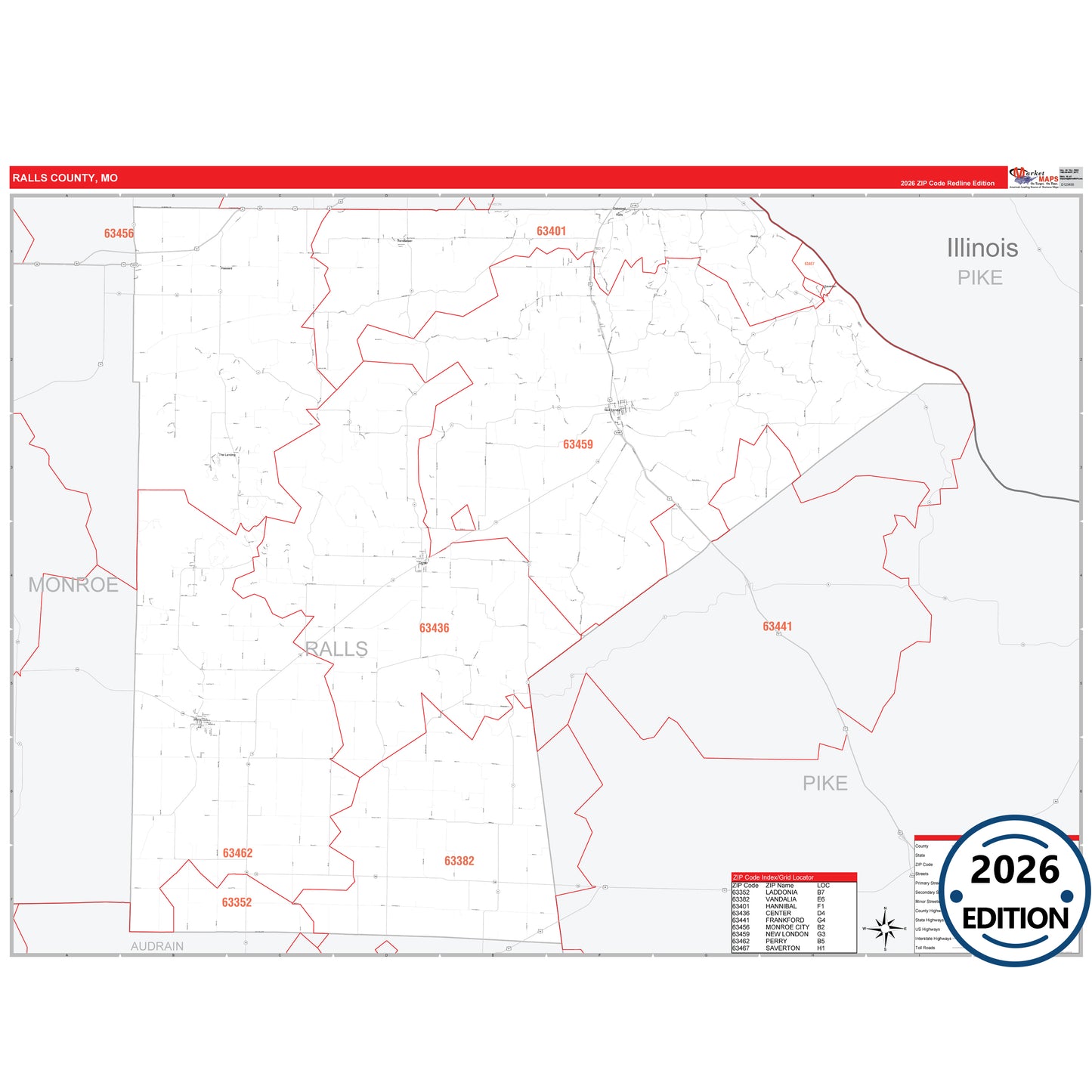 Ralls County, MO Red Line 5 Digit ZIP Code Wall Map