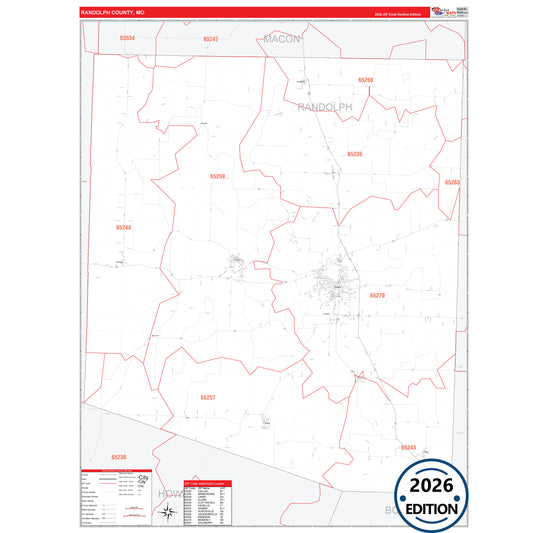 Randolph County, MO Red Line 5 Digit ZIP Code Wall Map