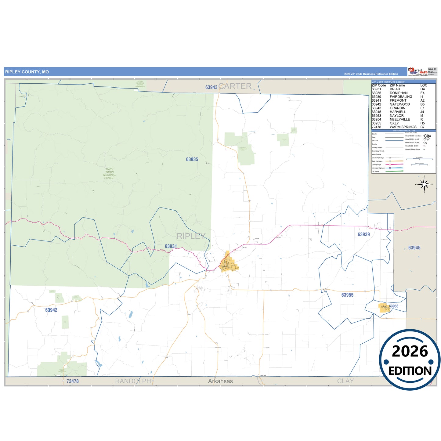 Ripley County, MO Business Reference 5 Digit ZIP Code Wall Map
