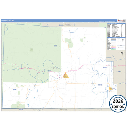 Ripley County, MO Business Reference 5 Digit ZIP Code Wall Map