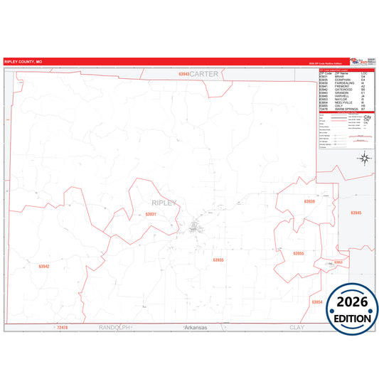 Ripley County, MO Red Line 5 Digit ZIP Code Wall Map