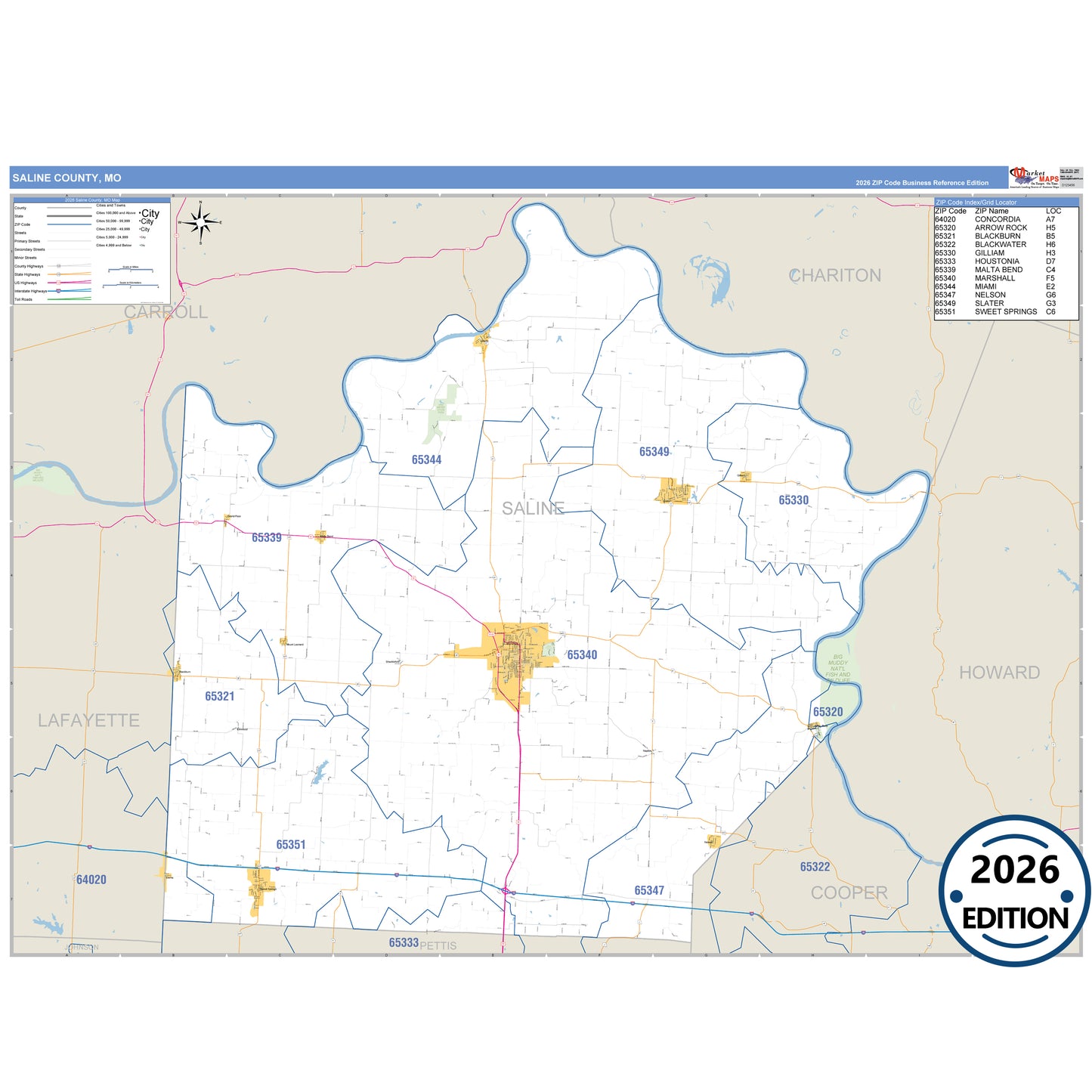 Saline County, MO Business Reference 5 Digit ZIP Code Wall Map