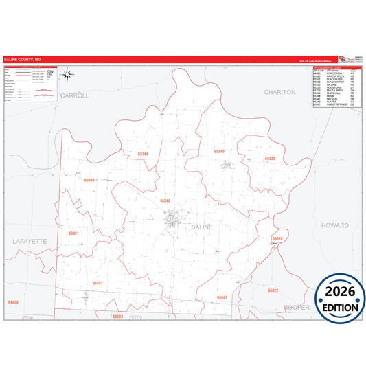 Saline County, MO Red Line 5 Digit ZIP Code Wall Map