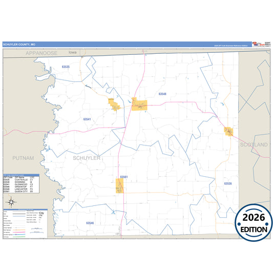 Schuyler County, MO Business Reference 5 Digit ZIP Code Wall Map
