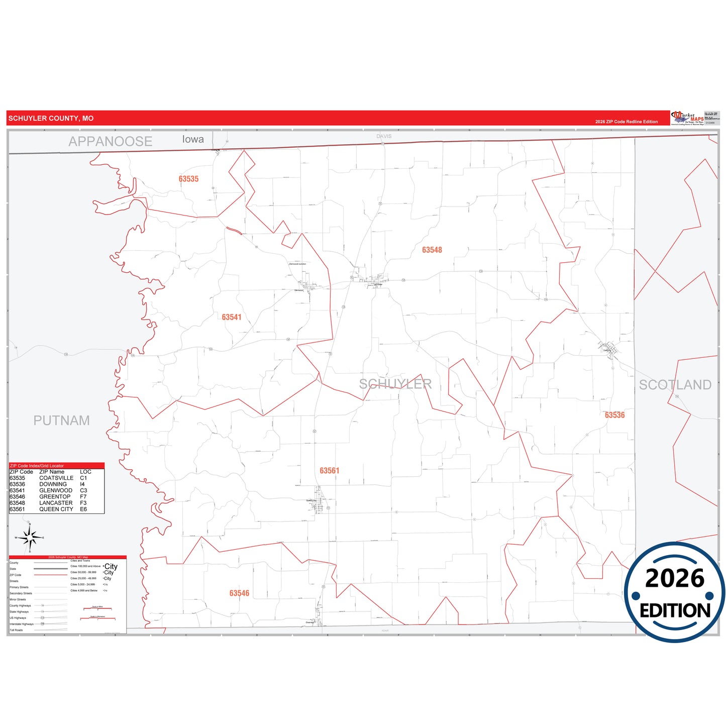 Schuyler County, MO Red Line 5 Digit ZIP Code Wall Map
