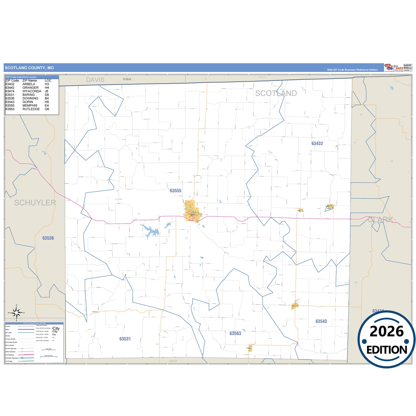 Scotland County, MO Business Reference 5 Digit ZIP Code Wall Map