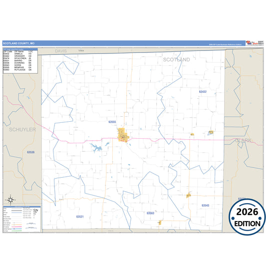 Scotland County, MO Business Reference 5 Digit ZIP Code Wall Map