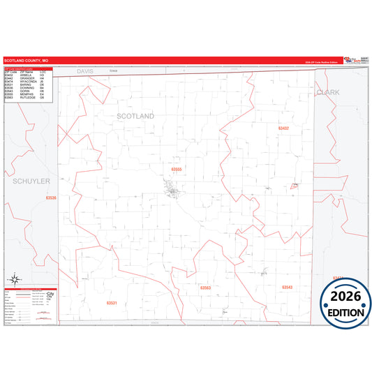 Scotland County, MO Red Line 5 Digit ZIP Code Wall Map