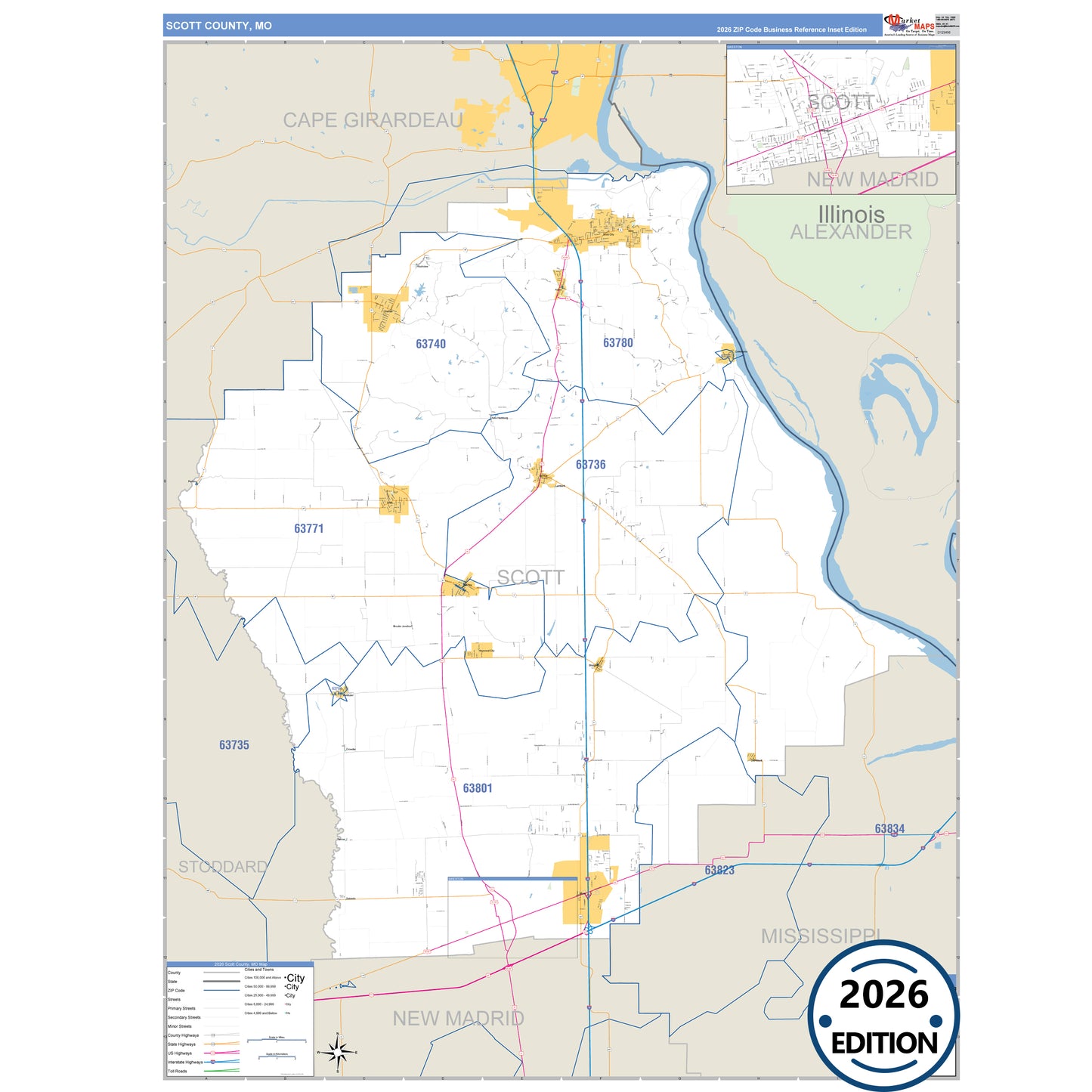 Scott County, MO Business Reference 5 Digit ZIP Code Wall Map