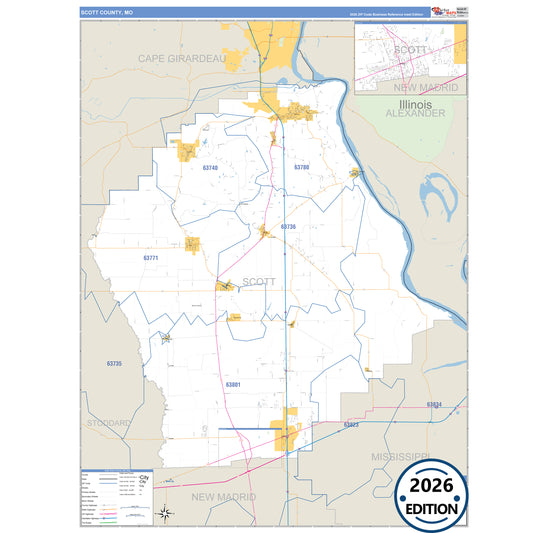 Scott County, MO Business Reference 5 Digit ZIP Code Wall Map