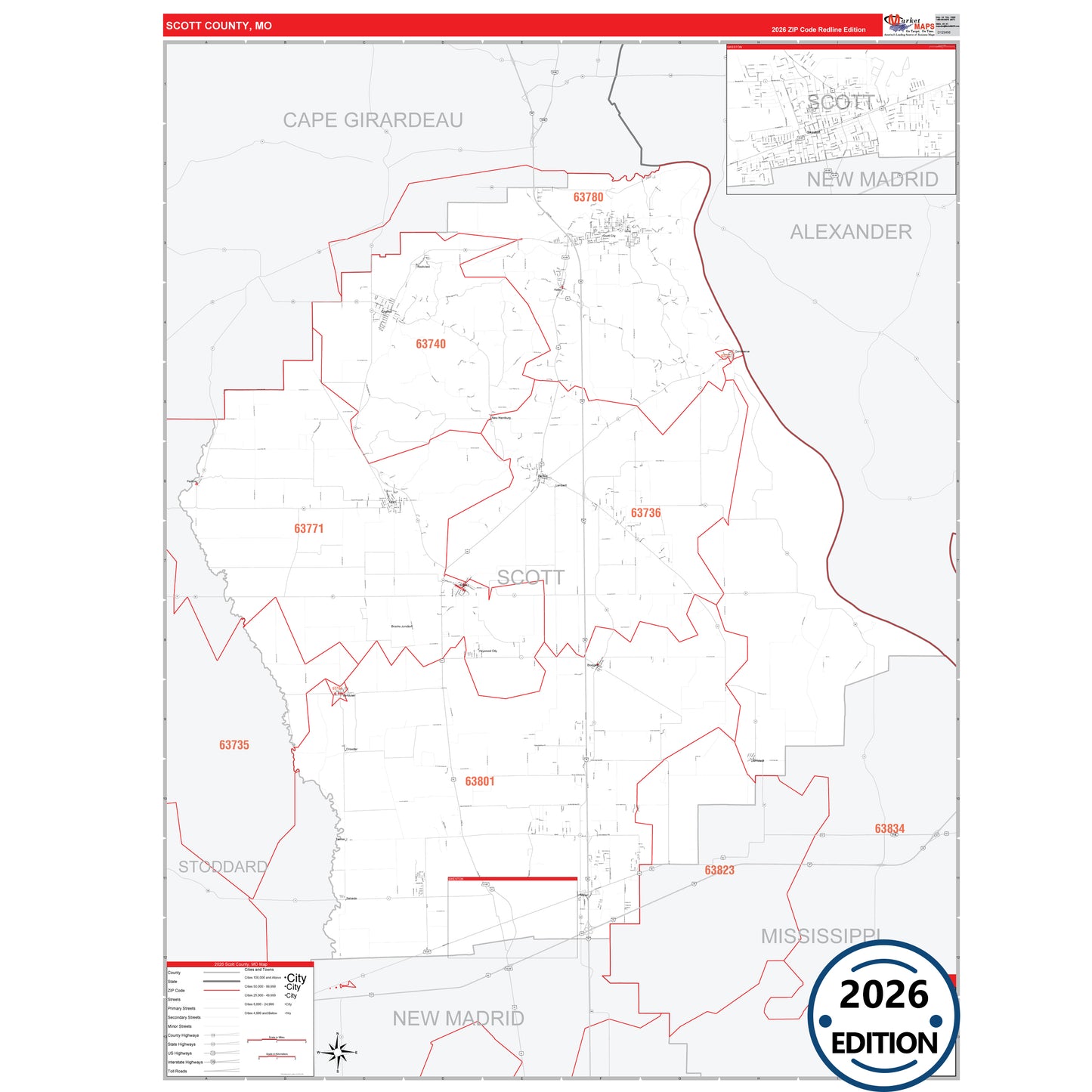 Scott County, MO Red Line 5 Digit ZIP Code Wall Map
