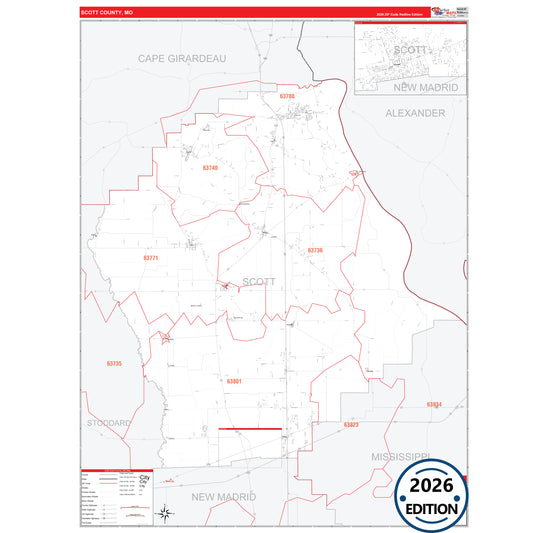 Scott County, MO Red Line 5 Digit ZIP Code Wall Map