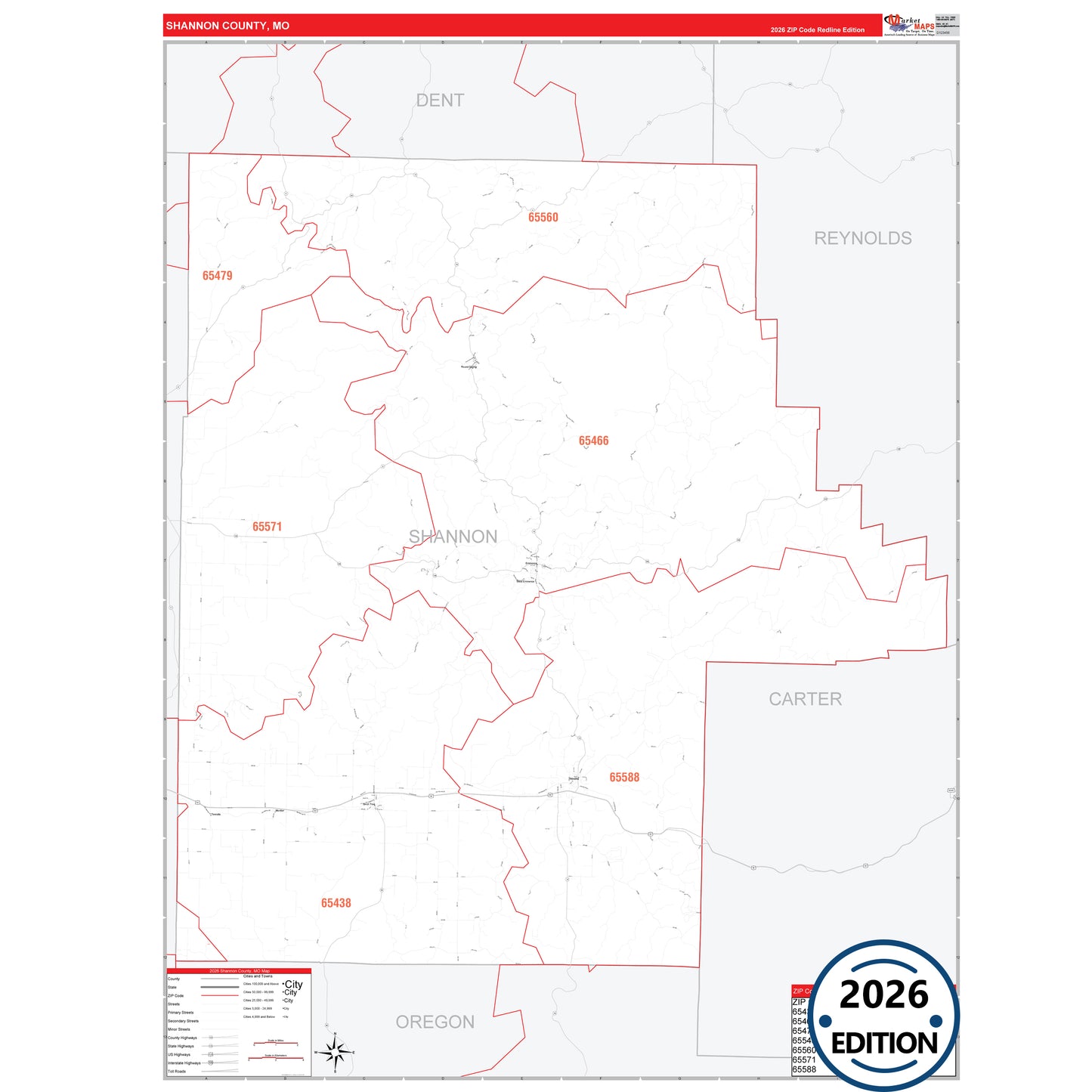 Shannon County, MO Red Line 5 Digit ZIP Code Wall Map