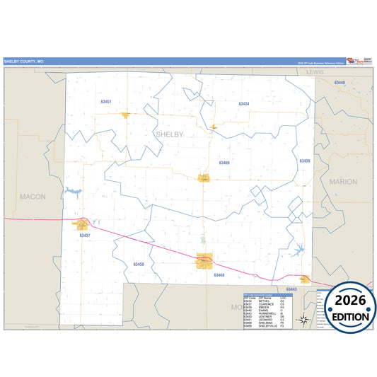 Shelby County, MO Business Reference 5 Digit ZIP Code Wall Map