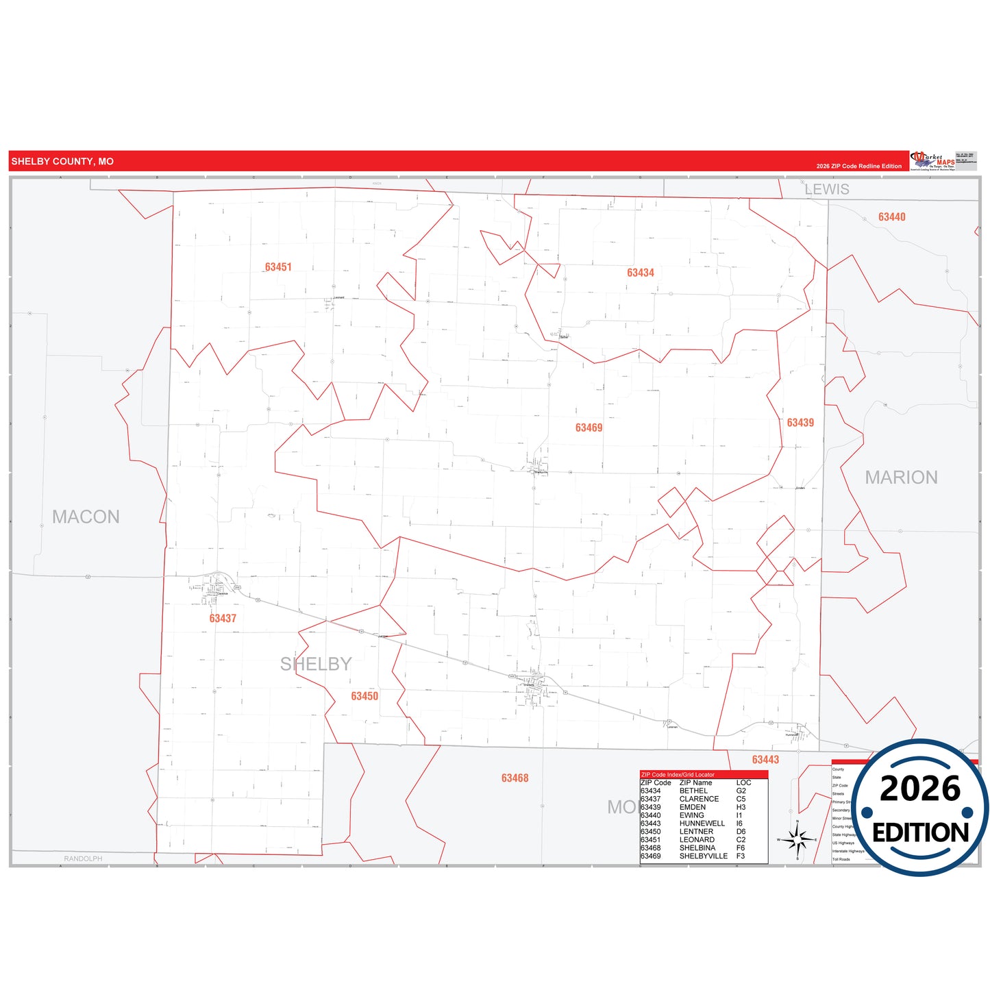 Shelby County, MO Red Line 5 Digit ZIP Code Wall Map