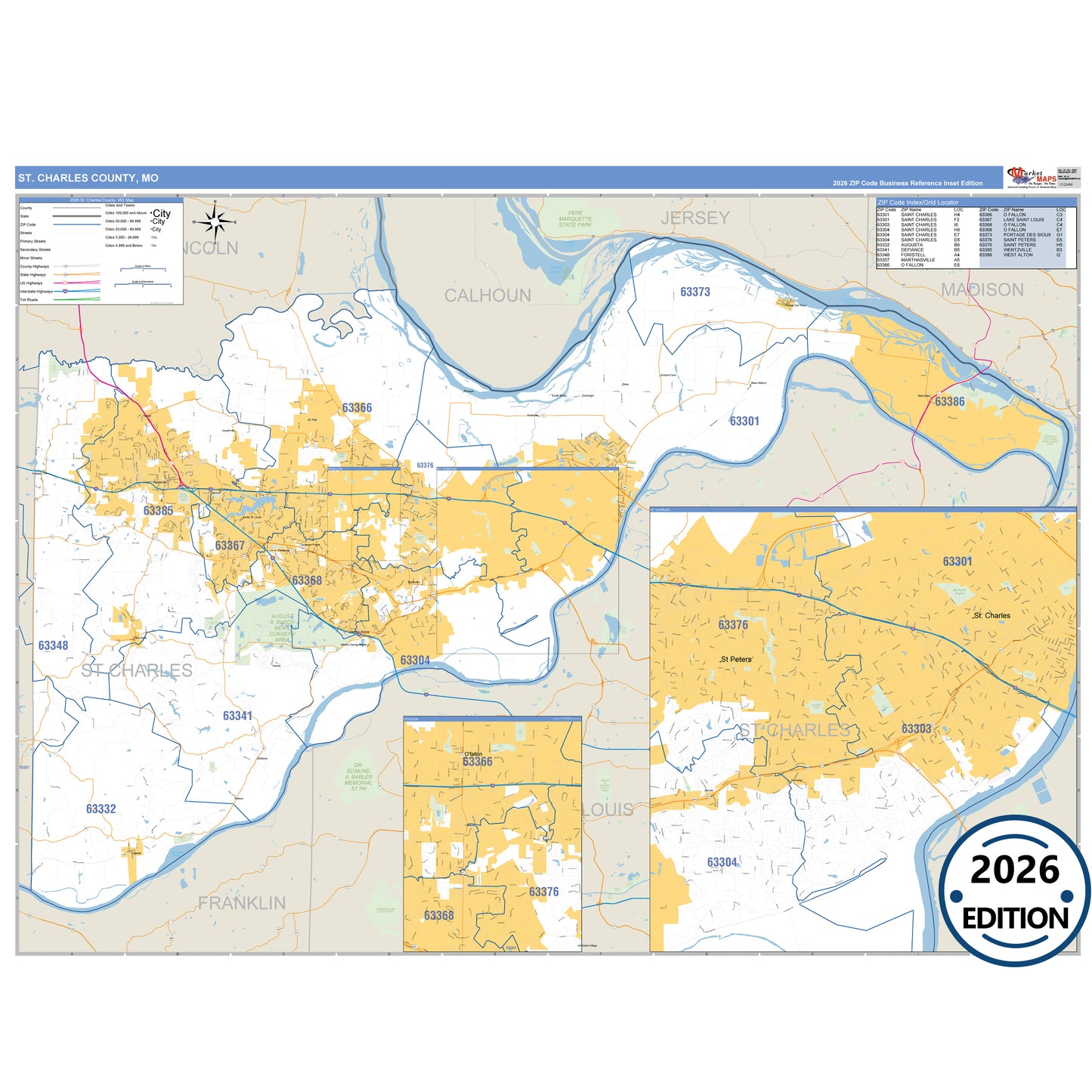 St. Charles County, MO Business Reference 5 Digit ZIP Code Wall Map