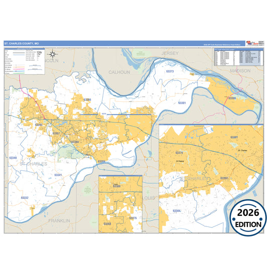 St. Charles County, MO Business Reference 5 Digit ZIP Code Wall Map