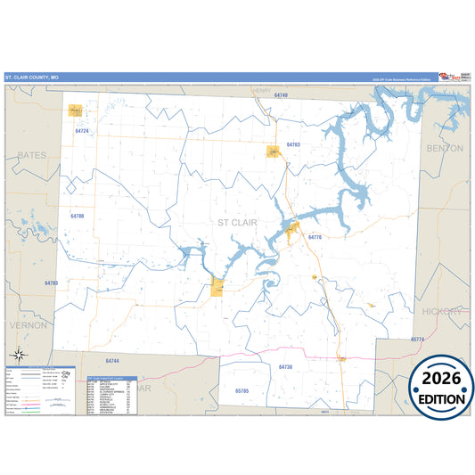 St. Clair County, MO Business Reference 5 Digit ZIP Code Wall Map