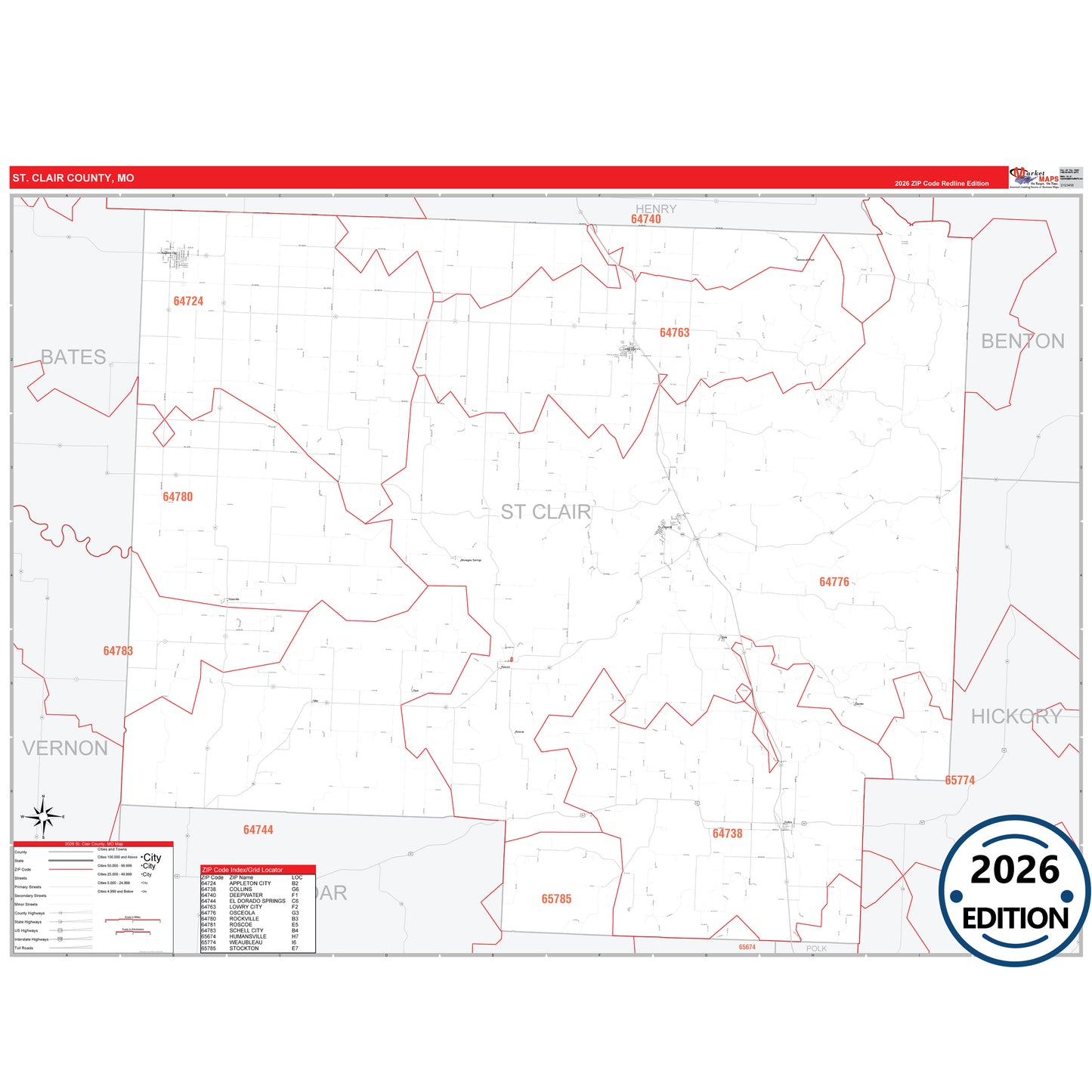 St. Clair County, MO Red Line 5 Digit ZIP Code Wall Map