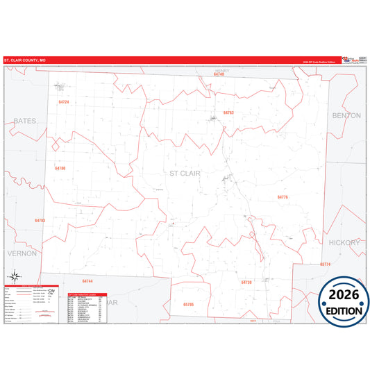 St. Clair County, MO Red Line 5 Digit ZIP Code Wall Map