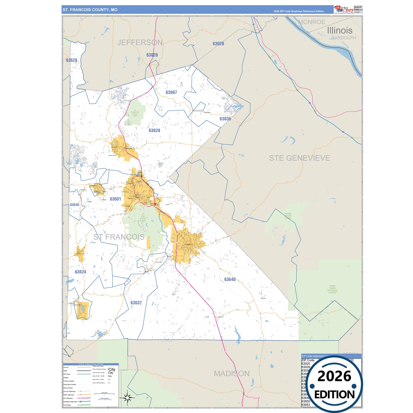 St. Francois County, MO Business Reference 5 Digit ZIP Code Wall Map