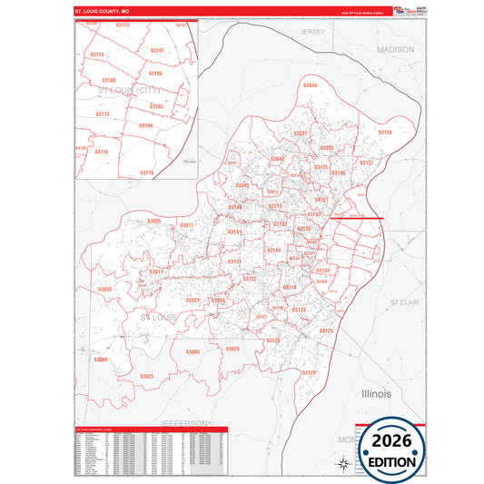 St. Louis County, MO Red Line 5 Digit ZIP Code Wall Map