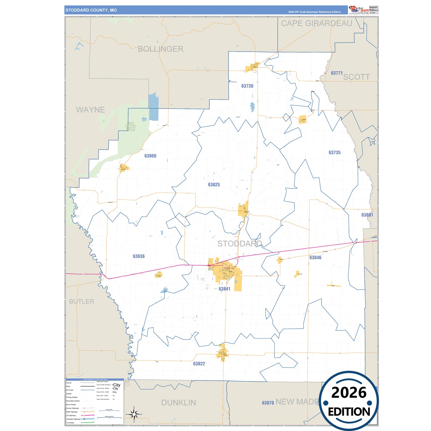 Stoddard County, MO Business Reference 5 Digit ZIP Code Wall Map