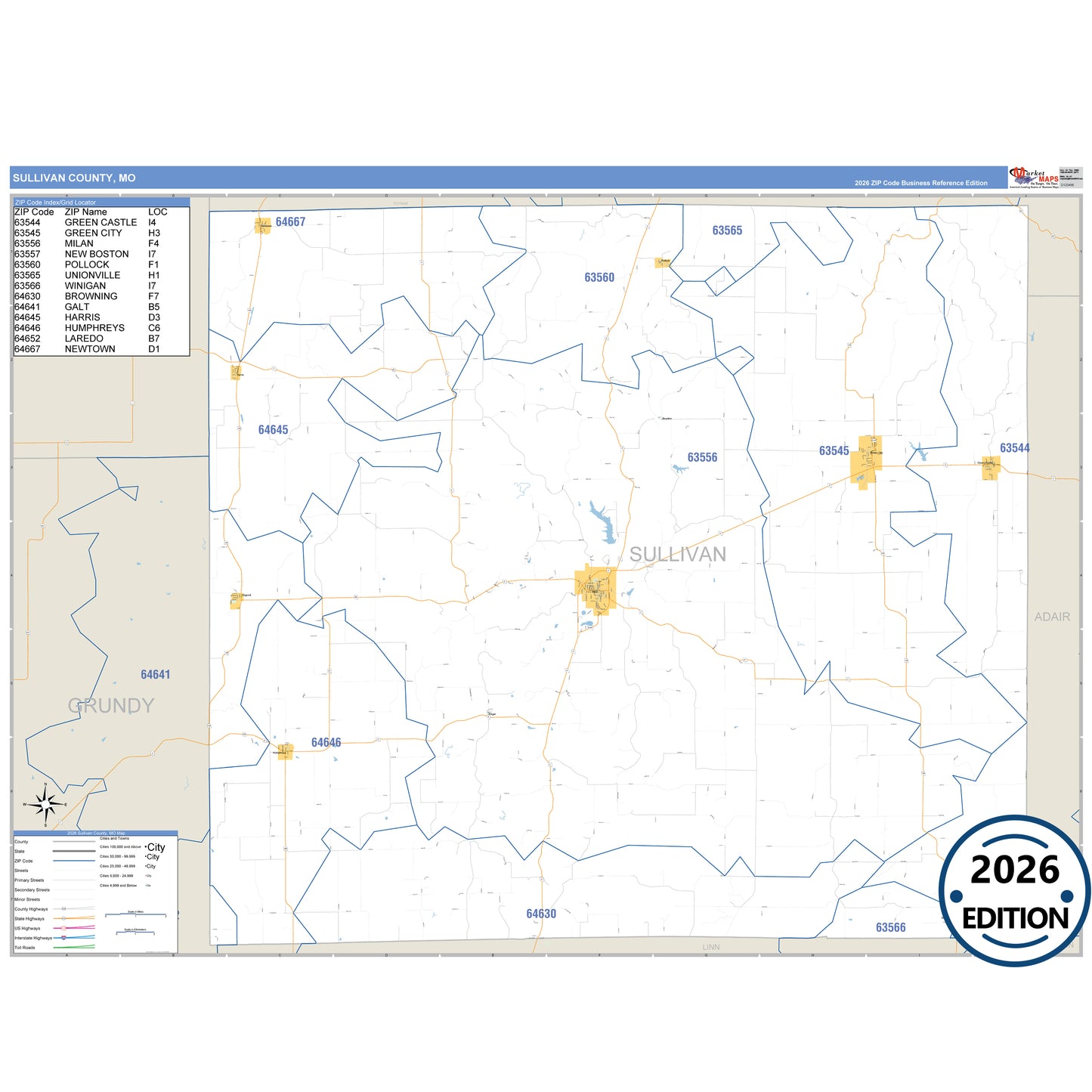 Sullivan County, MO Business Reference 5 Digit ZIP Code Wall Map