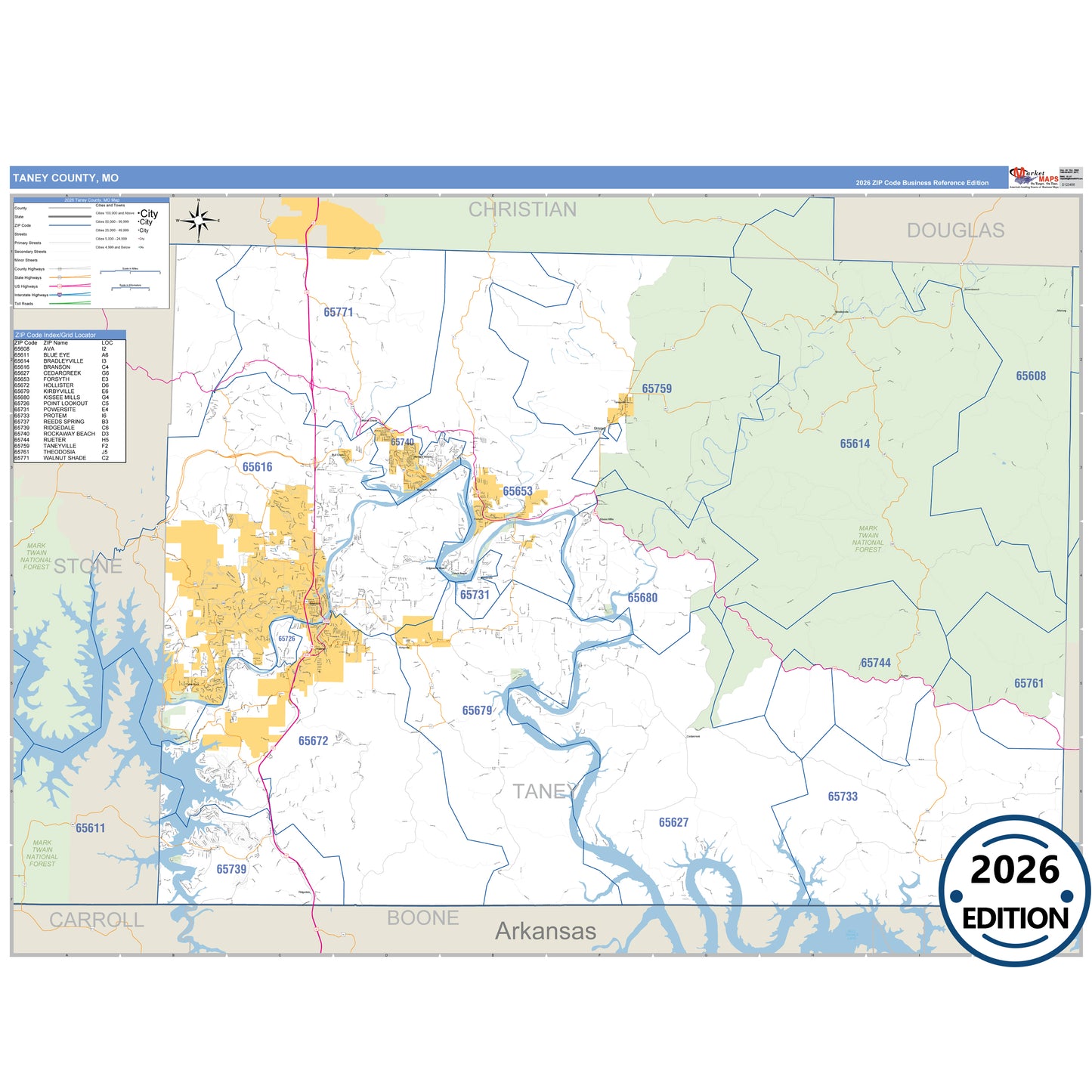 Taney County, MO Business Reference 5 Digit ZIP Code Wall Map